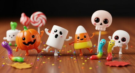 Obraz premium Cute Halloween candy figures w/ wood floor & backdrop