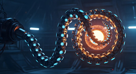 Futuristic tentacle extending towards a glowing orb in a dark and technological environment scene