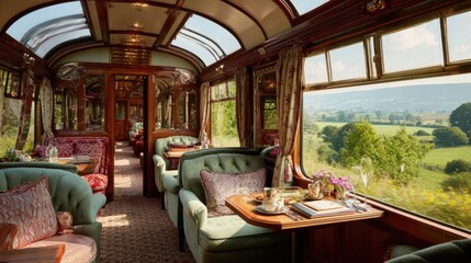 Fototapeta premium A train car with a dining area and a view of the countryside. The dining car is full of tables and chairs, and the windows offer a beautiful view of the landscape. The atmosphere is cozy and inviting