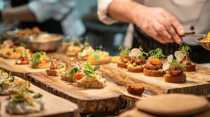 Fototapeta premium A man is preparing food on a wooden board with a variety of appetizers. The appetizers include sandwiches, vegetables, and meat. The scene is lively and inviting