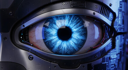 Close up of a robotic eye with a blue iris and metal surrounding the eye socket in a futuristic setting