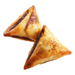 Briouat triangular fruit filled pastries, phyllo pastries filled with meat or almonds isolated on white transparent background, concept of Arabic sweet baked desserts