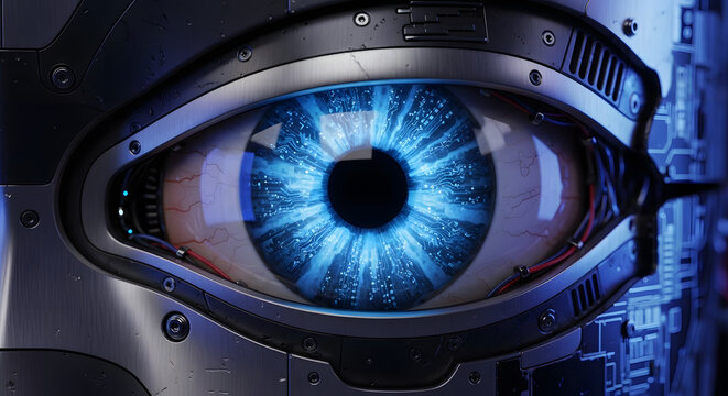 Close up of a robotic eye with a blue iris and metal surrounding the eye socket in a futuristic setting