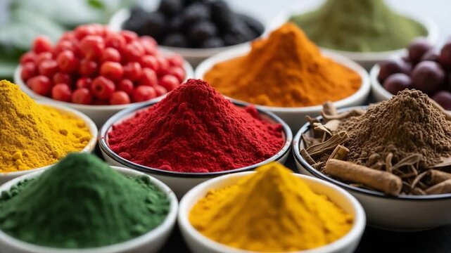 Vibrant Assortment of Spices and Powders in Bowls.