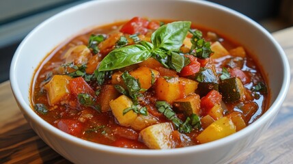 Hearty vegetable stew in a white bowl.