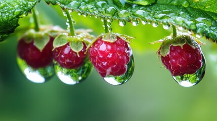 Close-up of raspberries with water droplets.