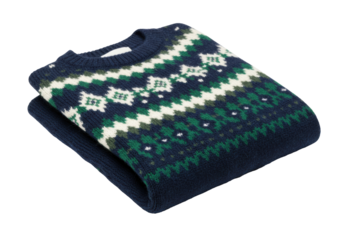 Isolated folded blue wool sweater with classic Nordic pattern design, winter fashion style