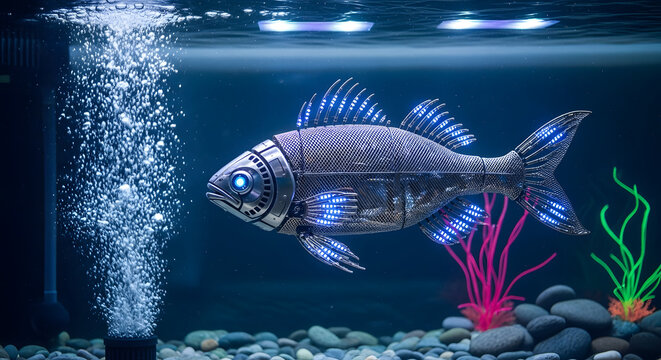 A futuristic robotic fish swimming in an aquarium with bubbles and decorative plants underwater