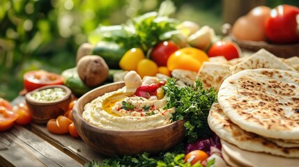 Hummus and pita bread displayed on a rustic wooden surface.