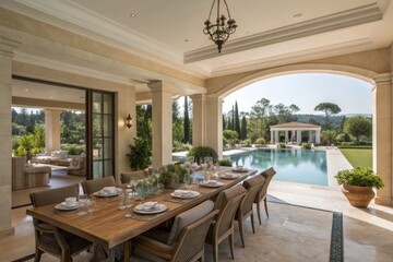Fototapeta premium Stylish Outdoor Dining Area Overlooking a Serene Pool and Garden
