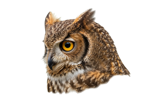 Isolated Eurasian eagle owl head, close-up portrait of a bird of prey from Europe and Asia