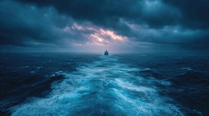 Dark cloudy sky with storm brewing in distance concept. Dramatic ocean scene with dark clouds and serene waves.