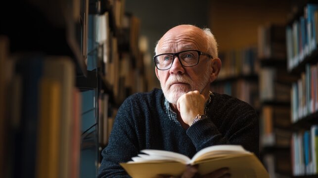 An older man is sitting in a library with a book in his hands. He is wearing glasses and he is deep in thought - Powered by Adobe