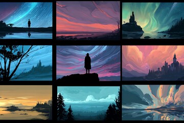 A collection of pixel art landscapes with aurora borealis and silhouettes