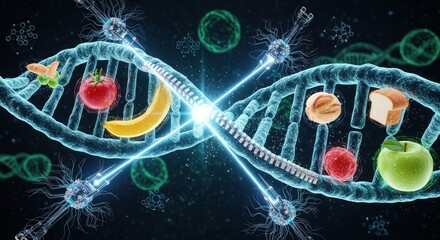 DNA strand intertwined with healthy foods