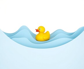 Yellow rubber ducky bath toy floating on blue paper waves white background stock photo image for kids 100