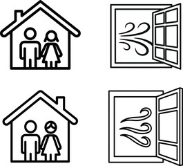 Icons depicting a house with people and an open window with airflow, illustrating home ventilation and family well-being.