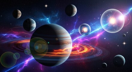 Dreamy cosmos with multiple planets, starbursts, and nebula