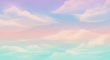 Dreamy pastel sky with soft clouds, transitioning from blue to pink to green