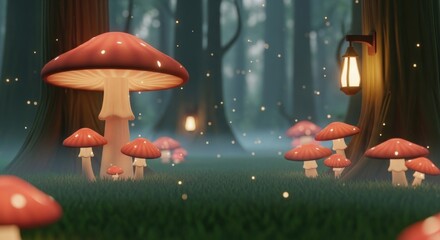 Dreamy mushroom meadow with glowing lamp, tall trees, fireflies in soft fog