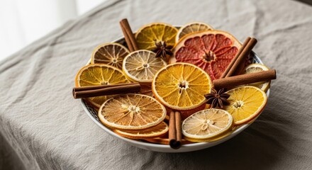 Dried citrus slices, cinnamon sticks and star anise in a bowl on linen