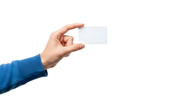 Hand holding a small white card on transparent background , png