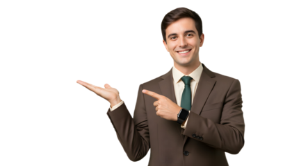 Man in suit pointing and presenting with a smile on transparent background , png