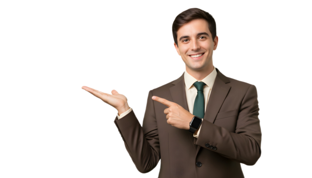 Man in suit pointing and presenting with a smile on transparent background , png