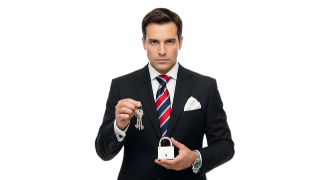 Man in suit holding keys and padlock in his hands on transparent background , png
