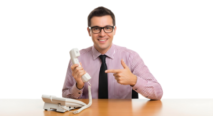 Man holding telephone pointing at his black tie on transparent background , png