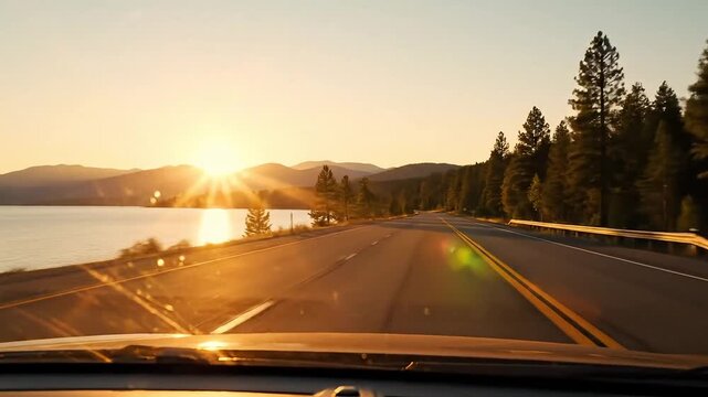 Experience a stunning sunrise drive along a scenic mountain highway with a lake view, perfect for travel vlogs and inspiring road trip promotions