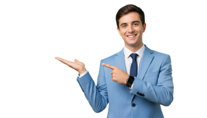 Man in suit pointing and presenting with a smile on transparent background , png