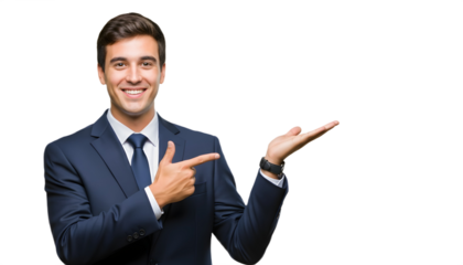 Man in suit pointing and presenting with a smile on transparent background , png