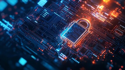 Glowing padlock on a complex circuit board representing cybersecurity and data protection measures online