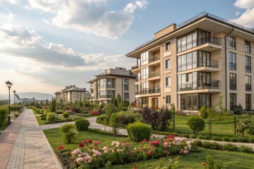 Beautiful Garden Pathway Beside Modern Residential Buildings in the Afternoon