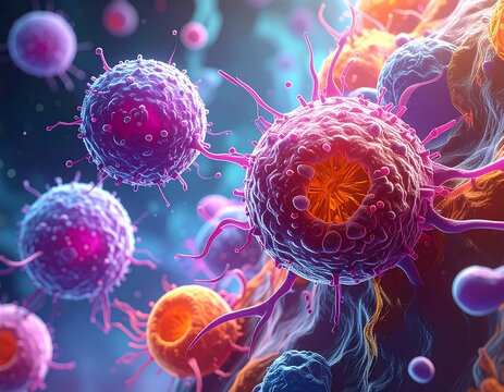 Microscopic view of cells with spiky exteriors in colorful composition - Powered by Adobe