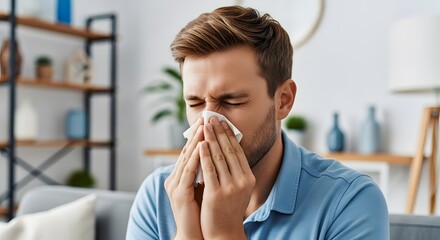 Man blowing his nose with a tissue, suffering from a cold or allergies, sitting on a sofa in a living room