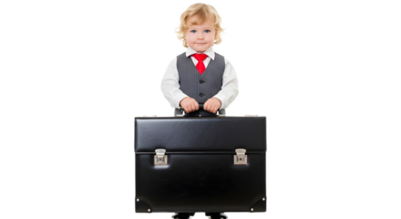 A little boy in suit holding a black briefcase on transparent background , png