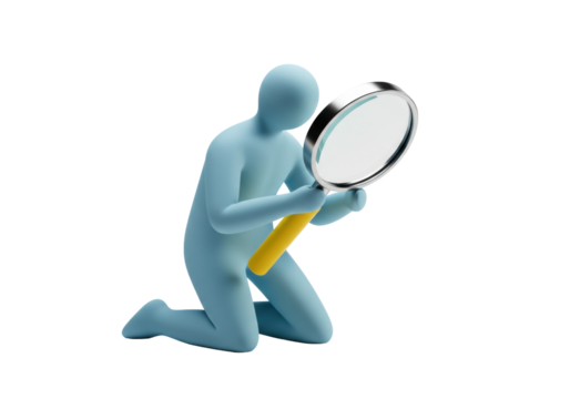 Isolated figurine looking through magnifying glass, blue and yellow, examining something closely