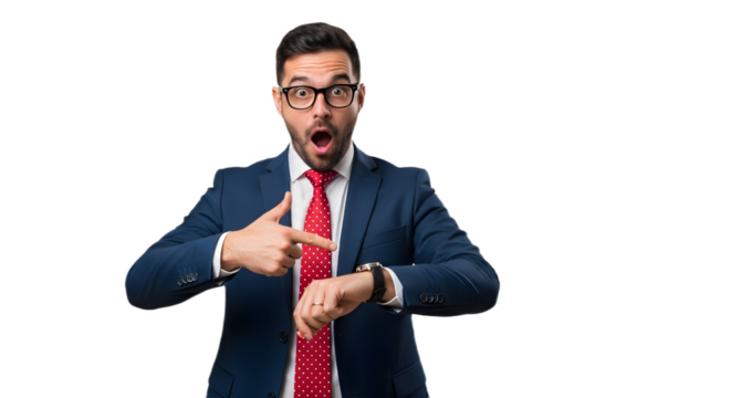 Man in suit points to watch with surprised expression on transparent background , png