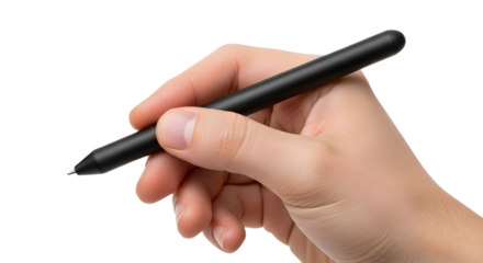 Hand holding black stylus pen on transparent background , png