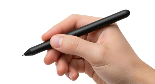 Hand holding black stylus pen on transparent background , png