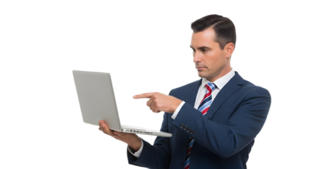 Man in suit pointing at laptop on transparent background , png