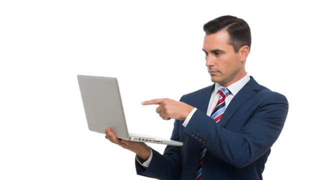 Man in suit pointing at laptop on transparent background , png