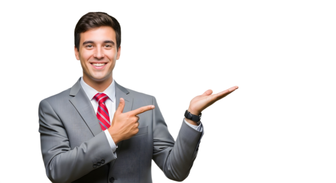 Man in suit pointing and presenting with smile face on transparent background , png