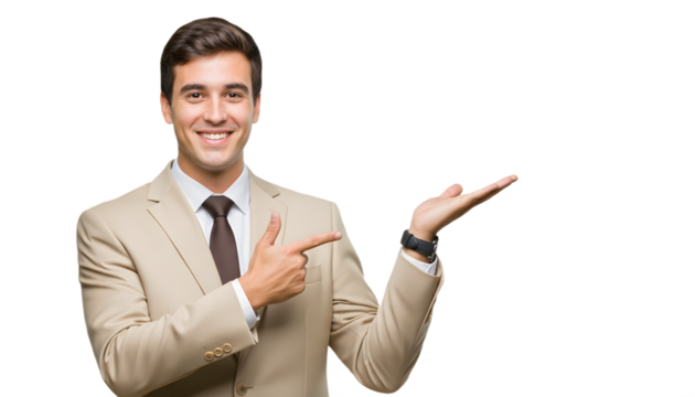Man in suit pointing and presenting with a smile on transparent background , png