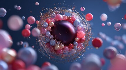 Colorful spheres and patterns represent atomic structures in a captivating display of science and art, creating a mesmerizing visual experience.