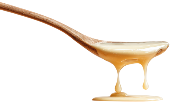 Oni batter drip falling slowly from spoon glossy consistency on transparent background