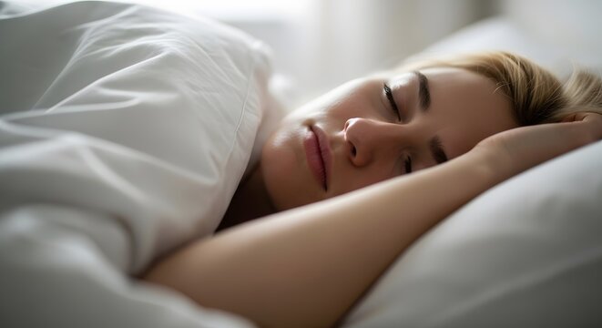 A young woman peacefully sleeping in her bed, covered by white sheets, with soft natural light illuminating her face - Powered by Adobe
