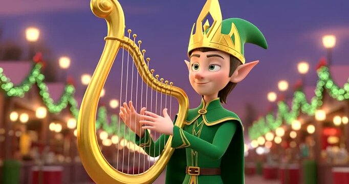Christmas elf playing harp at a festive market stall with bokeh lights